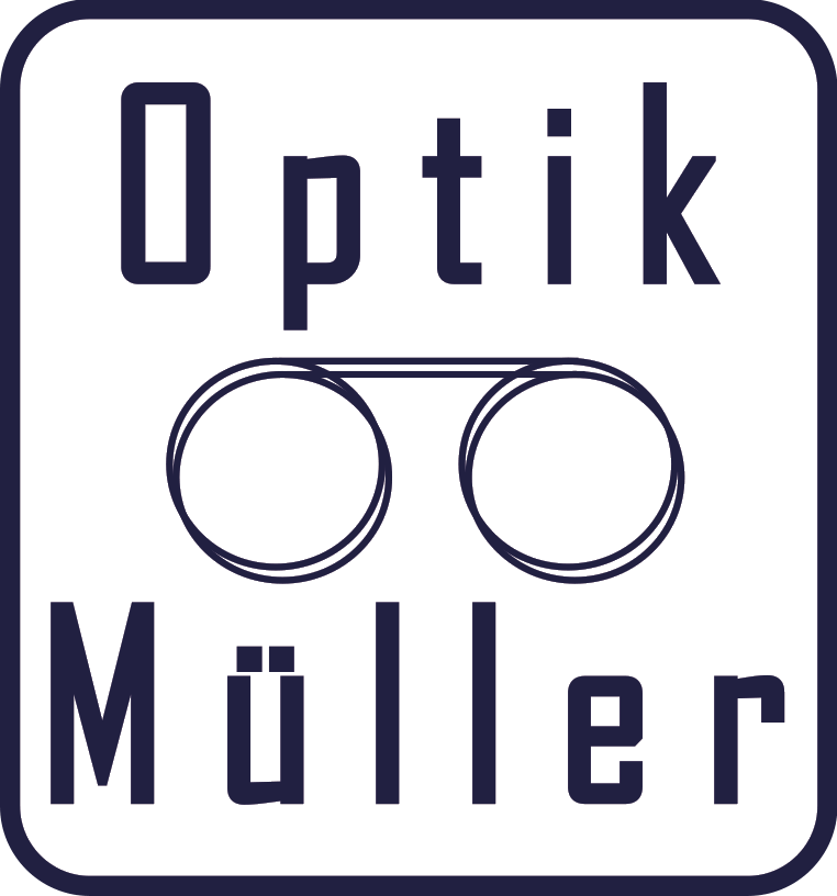 Logo von Optik Müller - eine stilisierte Brille; darüber das Wort Optik; darunter das Wort Müller; alles in dunkelblauer Farbe vor weißem Hintergrund